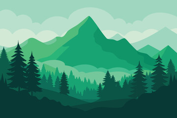 Illustration of Mountains and Forest Landscape in Shades of Green with Cloudy Sky