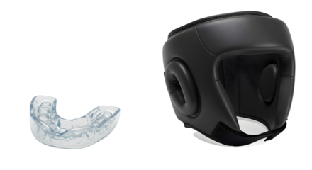 SPORT - Black boxing headgear and clear mouthguard isolated on white background, protective gear for combat sports and martial arts