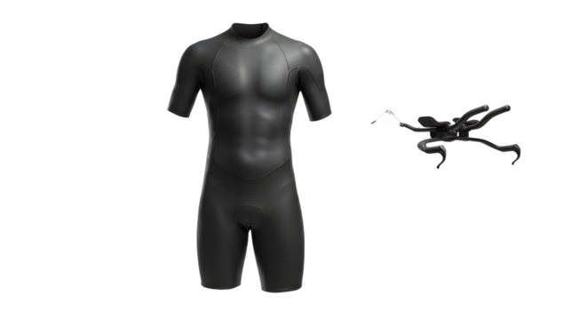 SPORT - Black short-sleeve wetsuit with short legs and scuba diving goggles isolated on white background, perfect for water sports and diving - Powered by Adobe