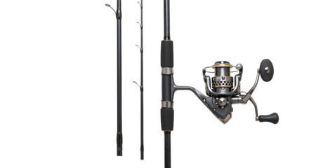 SPORT - Black spinning fishing rod and reel isolated on white background, fishing equipment and gear, ideal for fishing enthusiasts