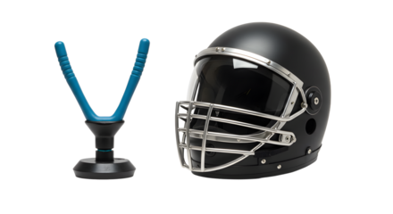 SPORT - Black American football helmet with face guard and blue mouth guard isolated on white background, perfect for sports presentations and football training materials