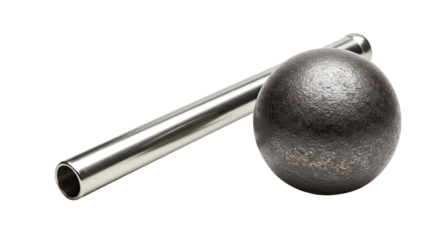 SPORT - Black steel cannonball with metal pipe isolated on white background, perfect for historical or military themes