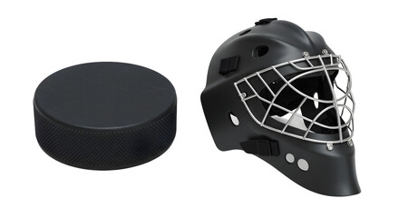 Fototapeta premium SPORT - Black ice hockey puck and goalie mask isolated on white background, perfect for sports and hockey-related projects