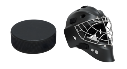 SPORT - Black ice hockey puck and goalie mask isolated on white background, perfect for sports and hockey-related projects