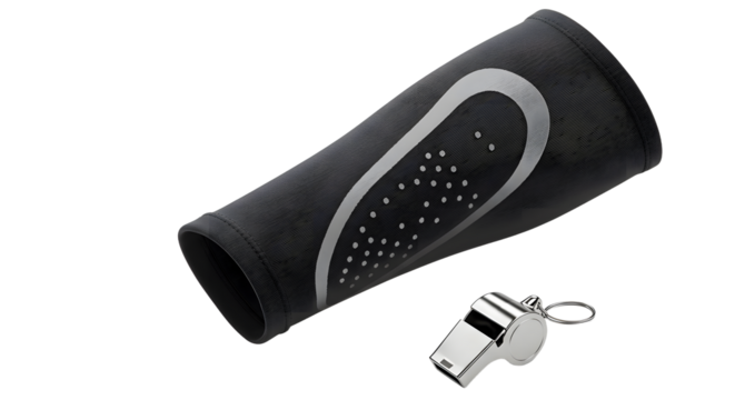SPORT - Black foam shin guard and metal referee whistle isolated on white background, perfect for sports safety and refereeing