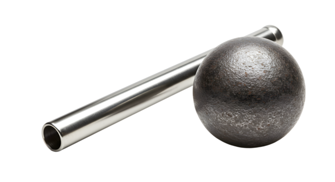 SPORT - Black steel cannonball with metal pipe isolated on white background, perfect for historical or military themes