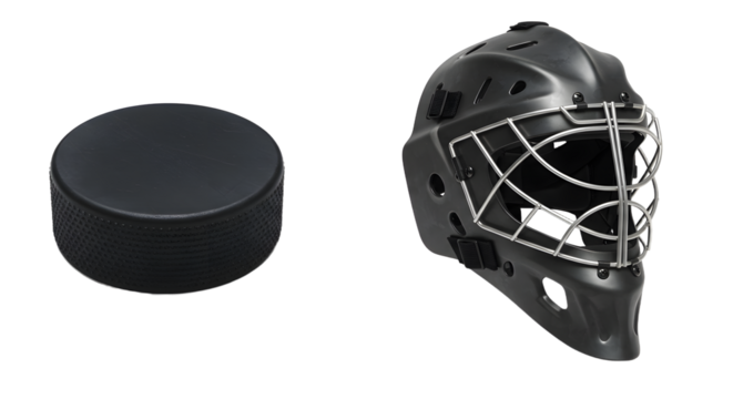 SPORT - Black hockey puck and protective goalie mask isolated on white background, ideal for sports equipment and ice hockey themed projects - Powered by Adobe