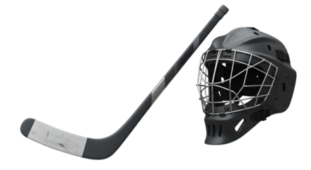 SPORT - Black ice hockey stick and goalie helmet isolated on white background, equipment for ice hockey players