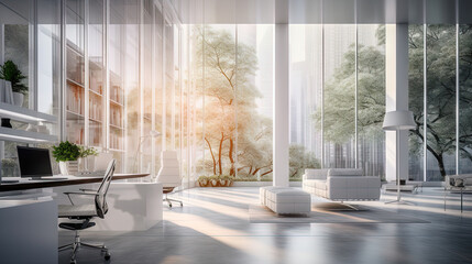 Bright modern office space with white furniture, large windows, and green plants