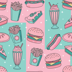Retro diner seamless pattern with burgers, fries, hotdogs and milkshakes design, patern seamless, Stock royalty image.