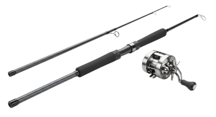 SPORT - Black two-piece fishing rod and reel set isolated on white background, fishing equipment for outdoor recreation and sport