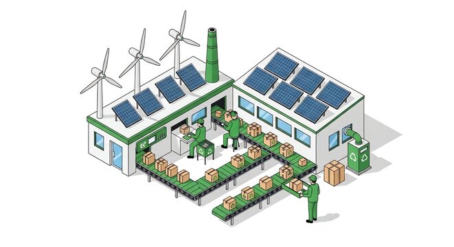 Isometric Eco-Factory with Solar Panels and Wind Turbines Powering a Sustainable Production and Recycling Line. - Powered by Adobe
