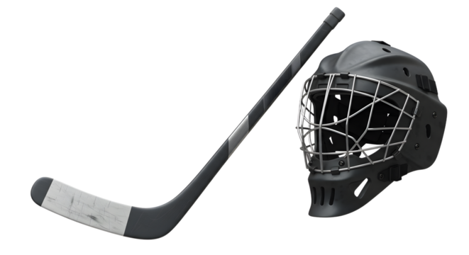 SPORT - Black ice hockey stick and goalie helmet isolated on white background, equipment for ice hockey players