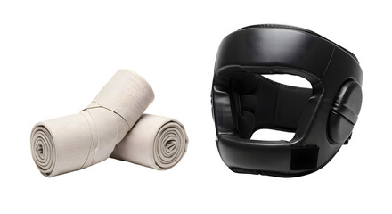 SPORT - Black boxing headgear with a pair of beige hand wraps isolated on white background, perfect for martial arts training and boxing safety