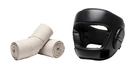 SPORT - Black boxing headgear with a pair of beige hand wraps isolated on white background, perfect for martial arts training and boxing safety