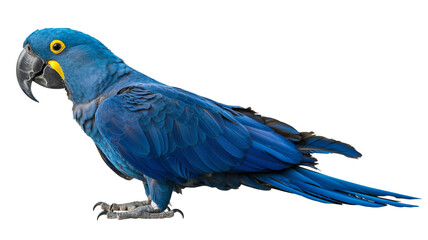 Obraz premium Hyacinth Macaw Parrot Isolated on White Background, Vibrant Blue Tropical Bird Profile for Wildlife and Nature Design