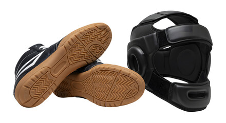 SPORT - Black martial arts protective headgear and black martial arts shoes with gum soles, safety gear for training and competitions