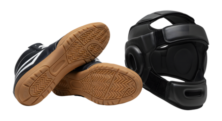 SPORT - Black martial arts protective headgear and black martial arts shoes with gum soles, safety gear for training and competitions