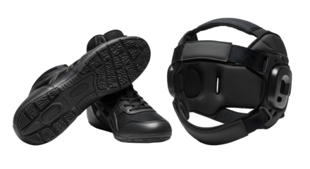 SPORT - Black wrestling shoes and protective headgear isolated on white, perfect for wrestling training and sports competitions