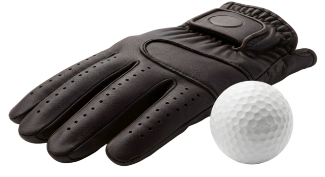 SPORT - Black leather golf glove with a white golf ball isolated on white background, perfect for golf-related sports and accessories