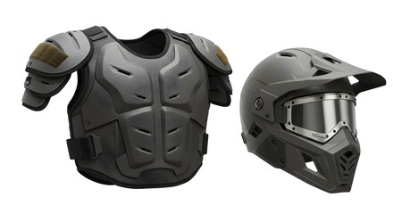 SPORT - Black protective body armor vest and motocross helmet with goggles, safety gear for biking and extreme sports