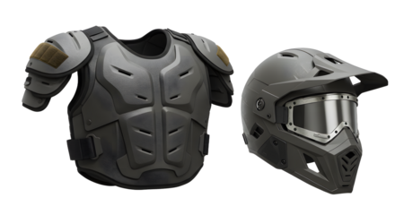 SPORT - Black protective body armor vest and motocross helmet with goggles, safety gear for biking and extreme sports