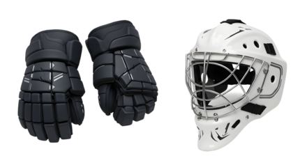 SPORT - Black hockey gloves and white goalie helmet isolated on white background, ice hockey protective gear for players