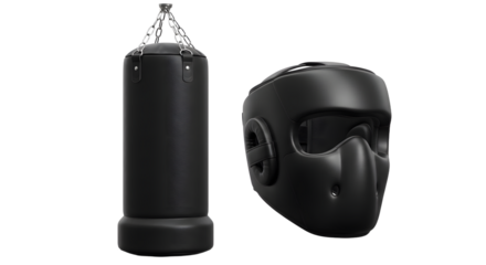 SPORT - Black punching bag and black protective mask for martial arts and boxing training, perfect for fitness and combat sports