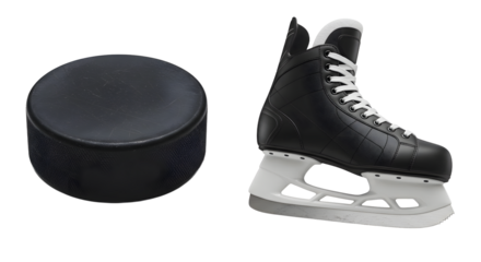 SPORT - Black ice hockey puck and skate isolated on white background, perfect for sports or hockey themed designs
