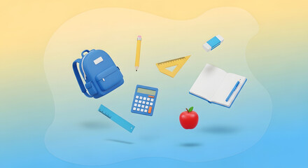 Colorful 3D rendered image of essential school supplies like a backpack, notebook, pencil, and calculator floating in a dynamic composition. Symbolizing back to school, education, and learning