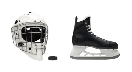 SPORT - Black ice hockey skate with white goalie mask and black puck on white background, perfect for sports and hockey themes