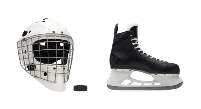 SPORT - Black ice hockey skate with white goalie mask and black puck on white background, perfect for sports and hockey themes