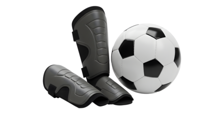 SPORT - Black shin guards and classic soccer ball isolated on white background, perfect for sports and training visuals