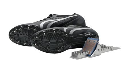 SPORT - Black running spikes shoes with starting blocks isolated on white background, perfect for track and field competitions