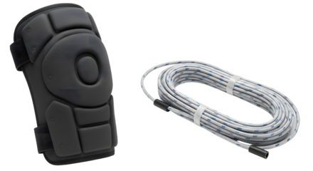 SPORT - Black knee pad with white climbing rope isolated on white background, perfect for outdoor sports safety and climbing activities