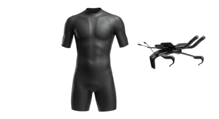 SPORT - Black shorty wetsuit and diving fins isolated on white background, perfect for underwater diving and snorkeling