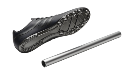 SPORT - Black soccer cleat with metal studs and a silver metal pipe, isolated on white background, perfect for sports equipment displays