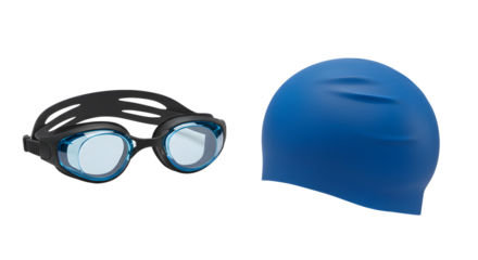 SPORT - Black swim goggles with tinted lenses and blue silicone swim cap isolated on white background, perfect for swimming training or competitions