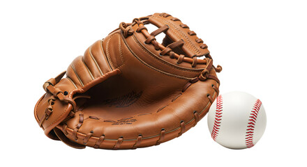 SPORT - Brown leather baseball glove with baseball isolated on white background, perfect for sports and outdoor activities