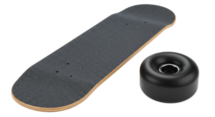 SPORT - Black skateboard deck and black skateboard wheel isolated on white background, perfect for skateboarding enthusiasts and sports design projects
