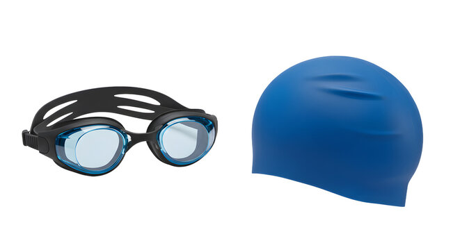 SPORT - Black swim goggles with tinted lenses and blue silicone swim cap isolated on white background, perfect for swimming training or competitions