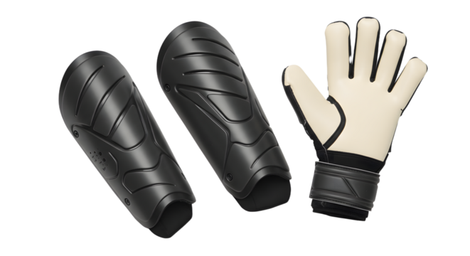 SPORT - Black shin guards and white goalkeeper glove isolated on white background, soccer protective equipment perfect for sports and training - Powered by Adobe