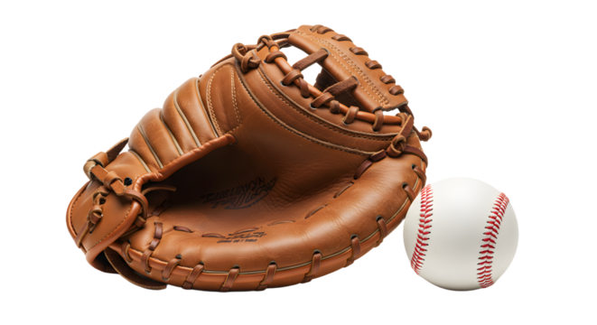 SPORT - Brown leather baseball glove with baseball isolated on white background, perfect for sports and outdoor activities