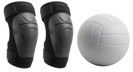 SPORT - Black volleyball knee pads and white volleyball on white background, sports gear for player protection and training