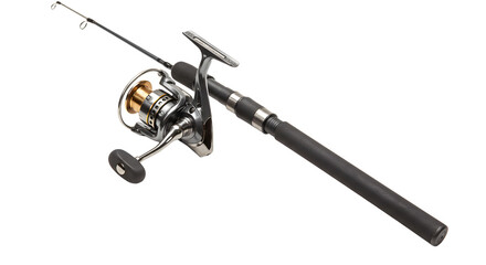 SPORT - Black spinning fishing rod and reel isolated on white background for freshwater or saltwater angling equipment