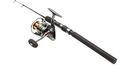 SPORT - Black spinning fishing rod and reel isolated on white background for freshwater or saltwater angling equipment