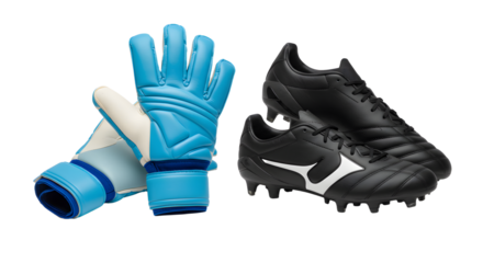 SPORT - Black soccer cleats and blue goalkeeper gloves isolated on white background, perfect for football training and matches