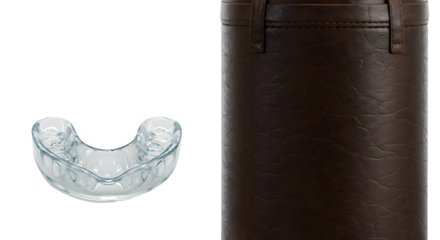 SPORT - Clear dental night guard or mouth guard with brown leather eyeglasses case, protection for teeth and jaw, perfect for oral care and sleep apnea treatment