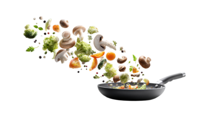 Different vegetables and mushrooms falling into a frying pan isolated on a white background