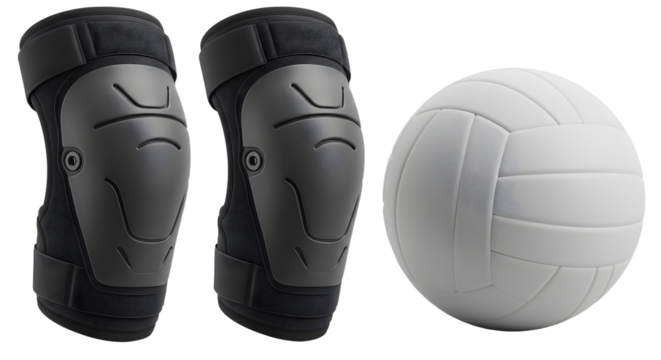 SPORT - Black volleyball knee pads and white volleyball on white background, sports gear for player protection and training